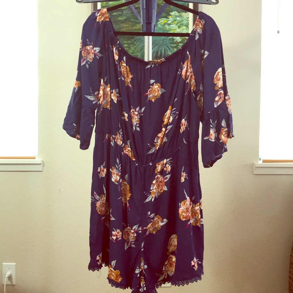 Xhiliration dark blue floral off shoulder romper